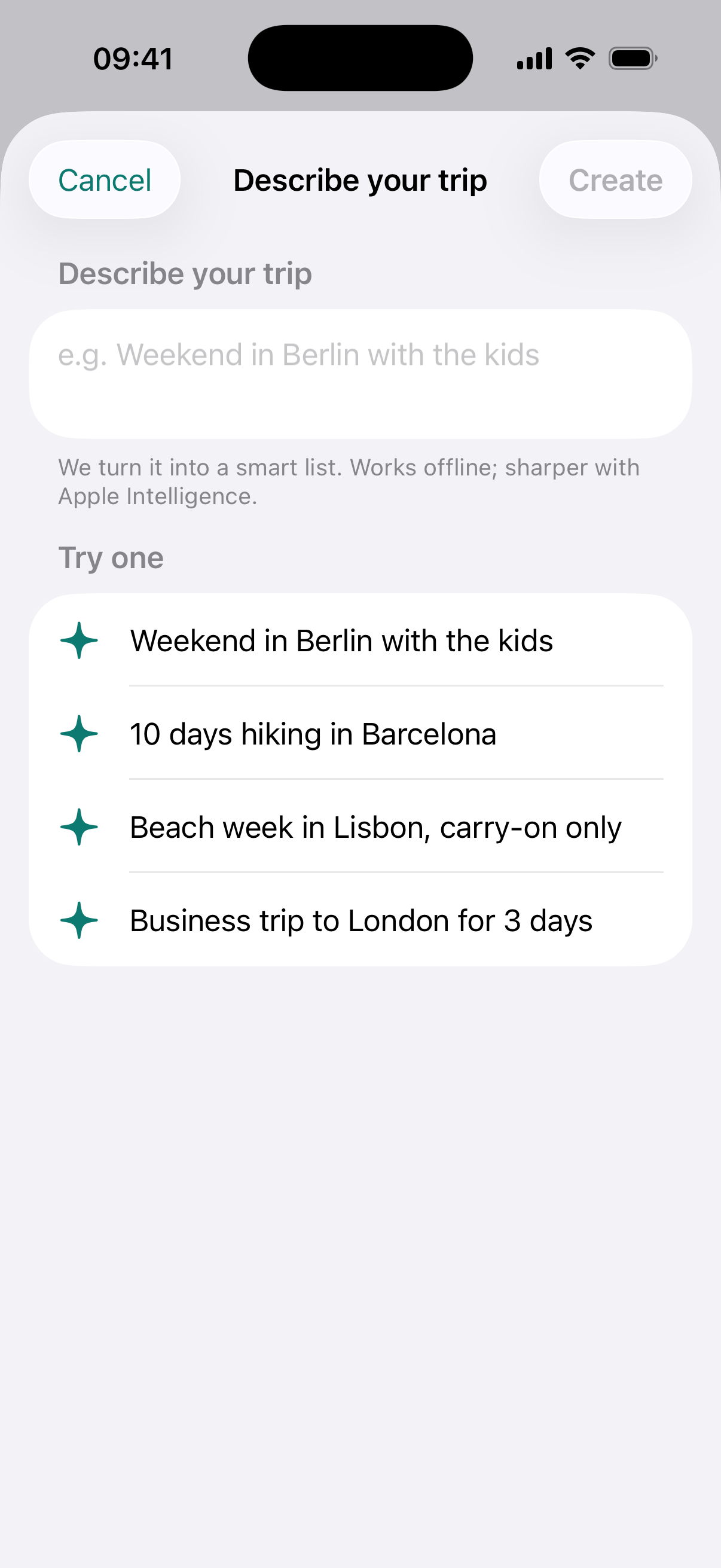 Describe your trip, get a tailored list